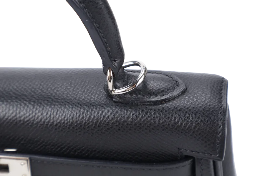 HERMES KELLY 25 RETOURNE BLACK EPSOM SILVER HARDWARE STAMP H (2004) WITH LOCK, KEYS, STRAPS AND DUST COVER